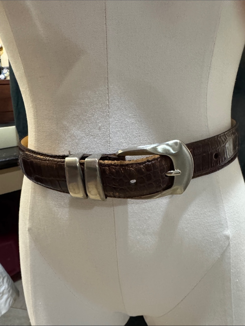 Brown Croc-Embossed Leather Belt with Silver Buckle